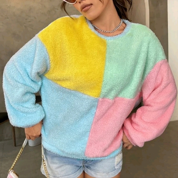 Color Block Drop Shoulder Teddy Pullover,Long Sleeve Tops - Picture 4 of 5